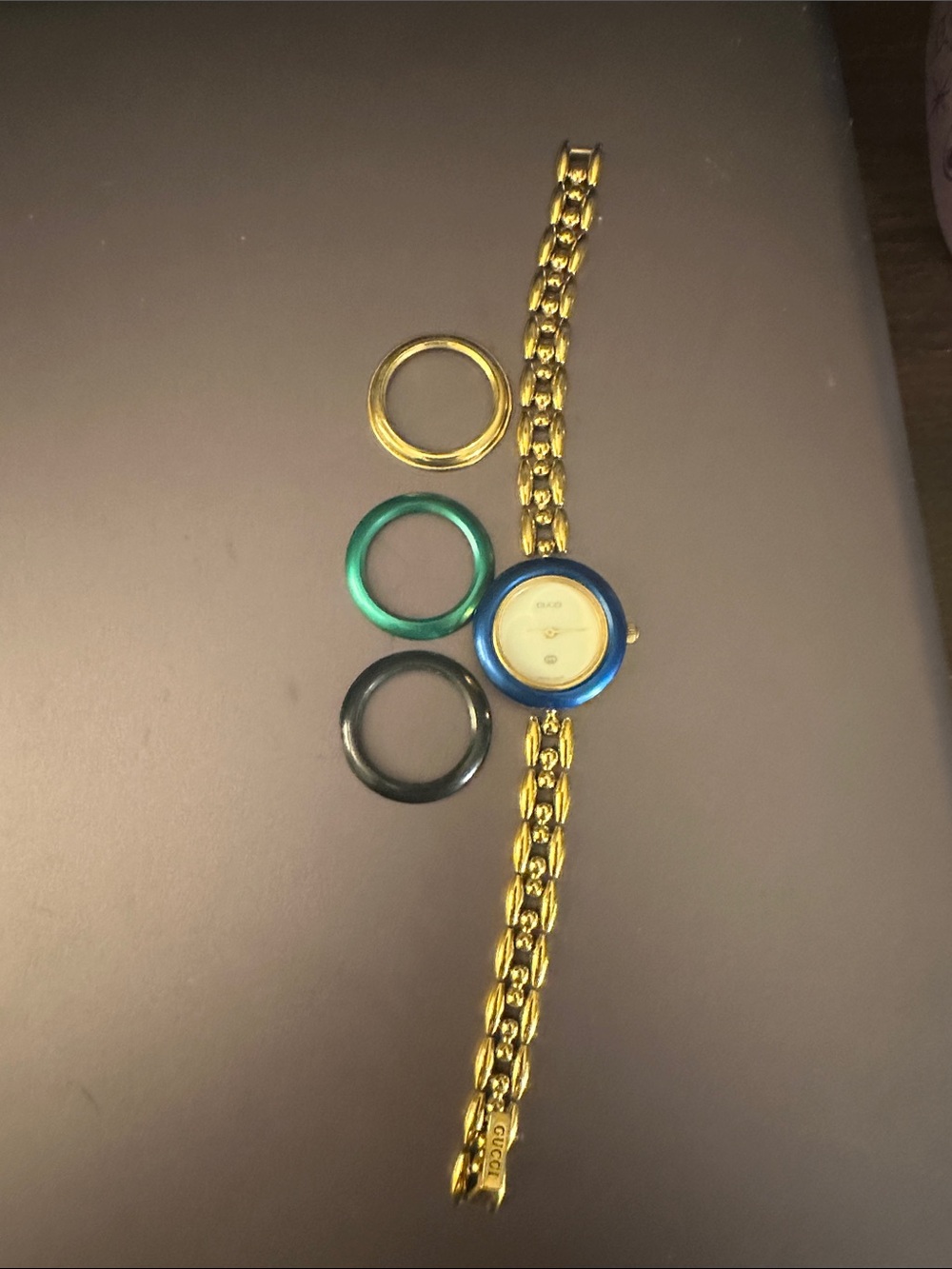 Gucci Gold-Tone Bracelet Watch with Blue, Green and Black Interchangeable Bezels - Picture 3 of 8
